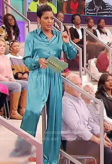 Tamron’s teal satin blouse and pants on Tamron Hall Show