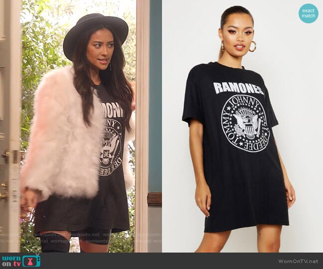 WornOnTV Stella s black Ramones print t shirt dress on Dollface Shay Mitchell Clothes and Wardrobe from TV