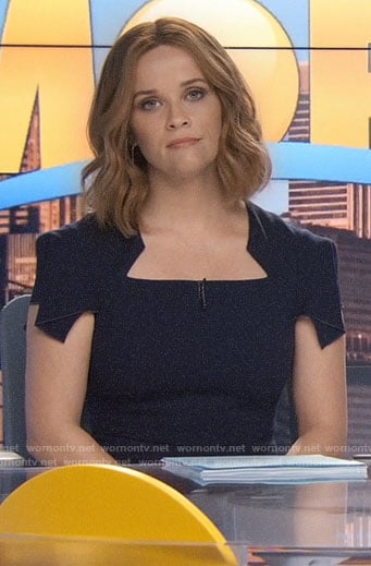 Bradley’s navy cap sleeve dress on The Morning Show