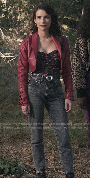 Brooke's floral bustier top and cropped leather jacket on AHS1984