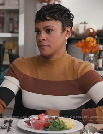 Angela’s brown striped sweater on American Housewife