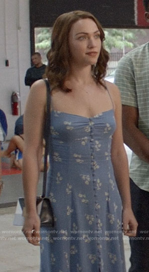 Cara's blue floral button front dress on God Friended Me