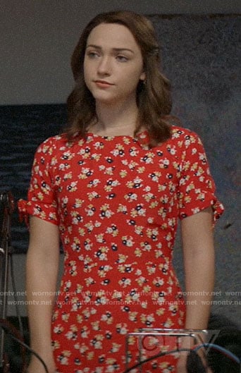 Cara's red floral tie-sleeve dress on God Friended Me