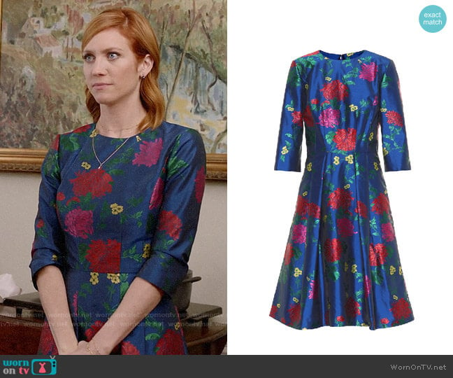 Carolina Herrera 3/4-Sleeve Floral-Jacquard A-Line Cocktail Dress worn by Julia Bechley (Brittany Snow) on Almost Family