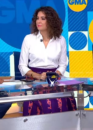 Cecilia’s purple printed pleated skirt on Good Morning America