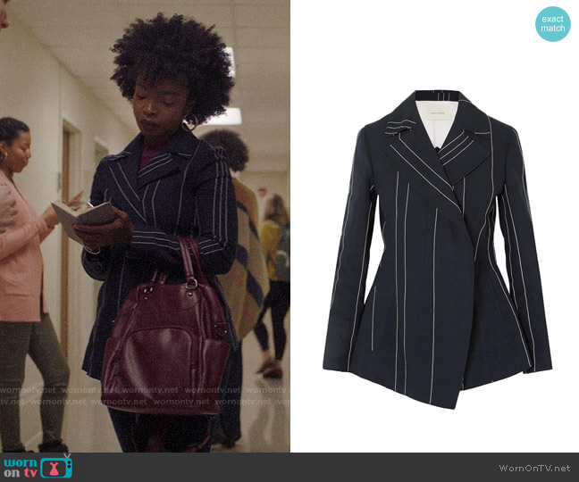 Cedric Charlier Double-breasted pinstriped linen and cotton-blend blazer worn by Briana Johnson (MaameYaa Boafo) on Bluff City Law