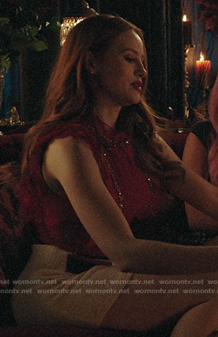 Cheryl's red embellished top and white skirt on Riverdale