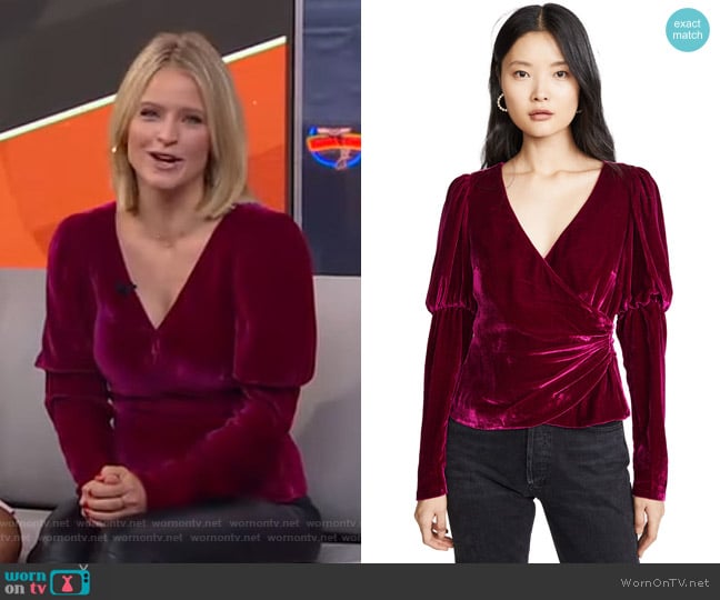 Theo Velvet Wrap Top by Cinq a Sept worn by Sara Haines on Good Morning America