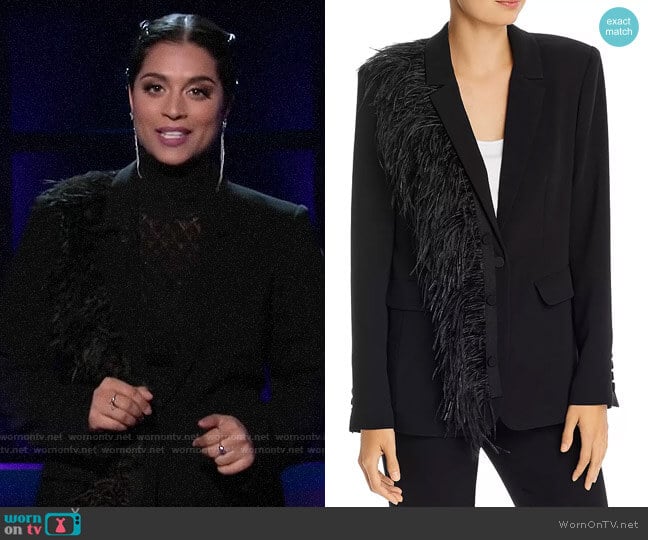 Lilly Singh’s black feather detail blazer on A Little Late with Lilly Singh