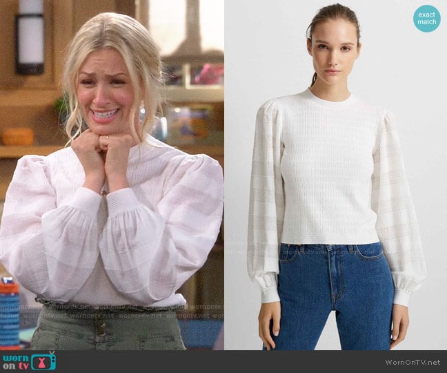 Club Monaco Woven Sleeve Crewneck Sweater worn by Gemma (Beth Behrs) on The Neighborhood