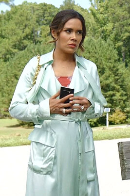 Cristal's pastel green satin trench coat on Dynasty