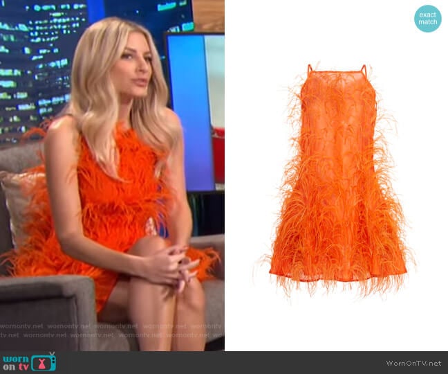 Shannon Feather-Embellished Silk-Tulle Mini Dress by Cult Gaia worn by Morgan Stewart on E! News