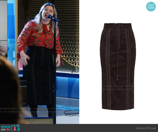 Dolce & Gabbana Lace-Up Jacquard Midi Pencil Skirt worn by Kelly Clarkson on The Morning Show