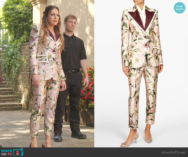 Floral-Print Shantung Blazer and Shantung Trousers by Dolce & Gabbana worn by Fallon Carrington (Elizabeth Gillies) on Dynasty