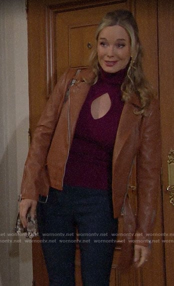 Donna's purple turtleneck with cutouts and tan leather jacket on The Bold and the Beautiful