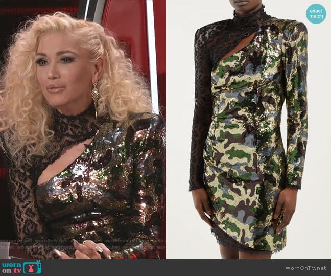 Camouflage and Leopard-Lace Sequinned Mini Dress by Dundas worn by Gwen Stefani on The Voice