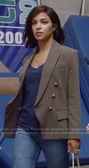 Edie's brown double-breasted blazer on Almost Family