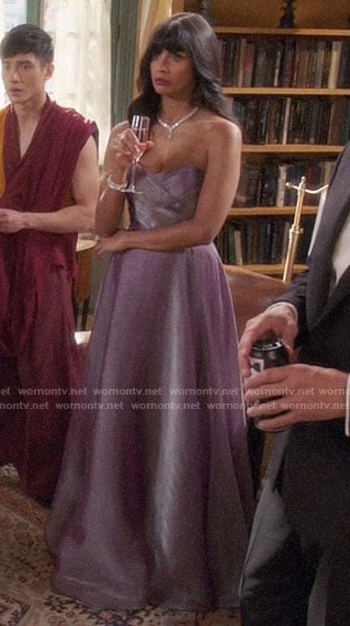 Tahani's purple strapless evening gown on The Good Place