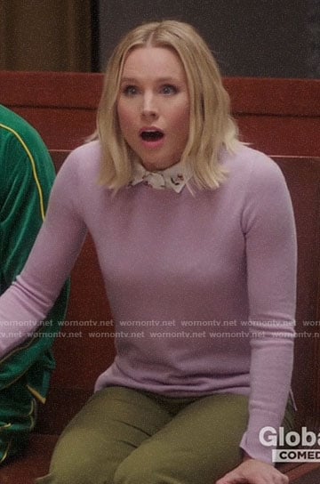 Eleanor’s lilac sweater and cherry print shirt on The Good Place