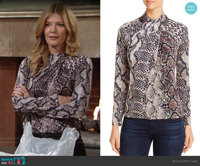 Elie Tahari Keilani Crossover Mock-Neck Top worn by Phyllis Summers (Michelle Stafford) on The Young and the Restless