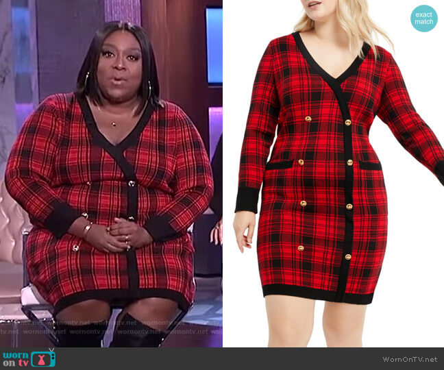 Plaid Long Sleeve Sweater Dress by Eloquii worn by Loni Love on The Real