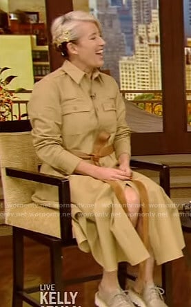 Emma Thompson’s beige belted shirtdress on Live with Kelly and Ryan