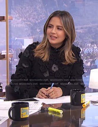 Erin’s black floral applique sweater on E! News Daily Pop