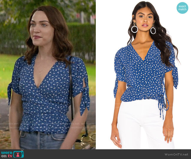 Faithfull the Brand Lucy Wrap Top in Blue Monette Floral worn by Cara Bloom (Violett Beane) on God Friended Me