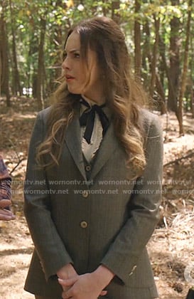 Fallon's grey suit and ruffle tie blouse on Dynasty