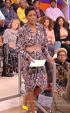 Tamron’s floral ruched dress on Tamron Hall Show