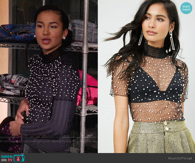 Forever 21 Sheer Faux Pearl Top worn by Gina (Sofia Wylie) on High School Musical The Musical The Series