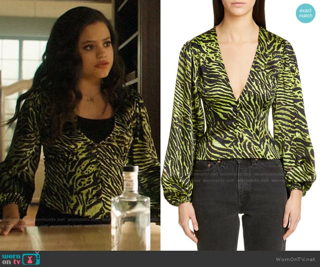 Ganni Tiger Print Silk Satin Blouse worn by Maggie Vera (Sarah Jeffery) on Charmed