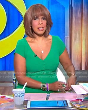 Gayle’s green button front dress on CBS Mornings