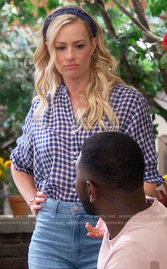 Gemma's blue gingham shirt with ruffle trim on The Neighborhood