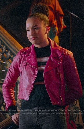 Gina’s pink studded leather moto jacket on High School Musical The Musical The Series