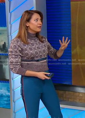 Ginger’s printed sweater and blue side striped pants on Good Morning America