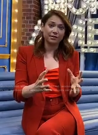 Ginger’s red ruched sleeve blazer and pants on Good Morning America