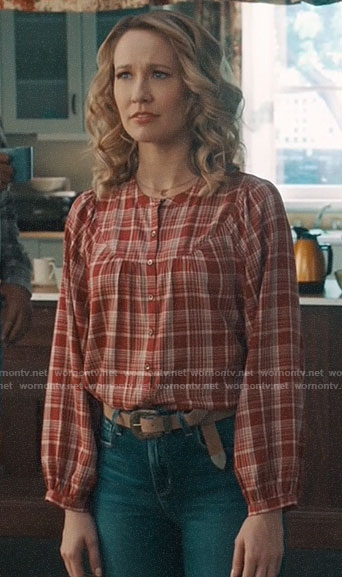 Ginny's red plaid button front top on Perfect Harmony