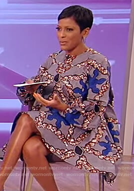 Tamron’s gray floral flared dress on Tamron Hall Show