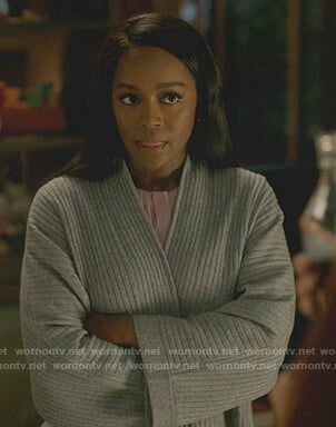 Michaela's gray ribbed cardigan on How to Get Away with Murder