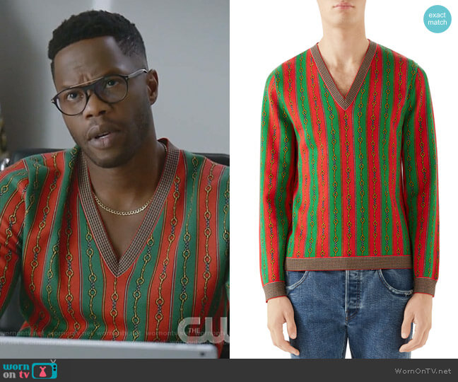 Scarf-Print V-Neck Sweater by Gucci worn by Jeff Colby (Sam Adegoke) on Dynasty