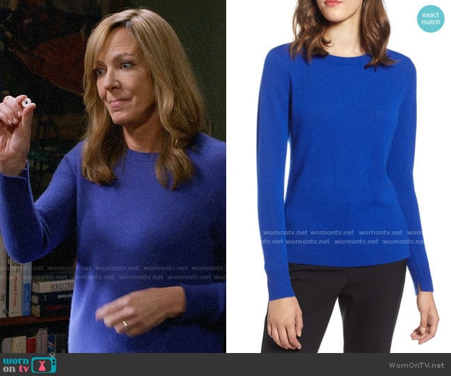 Halogen Crewneck Cashmere Sweater in Blue Mazarine worn by Bonnie Plunkett (Allison Janney) on Mom