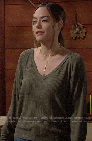 Hope’s olive green v-neck thermal top on The Bold and the Beautiful