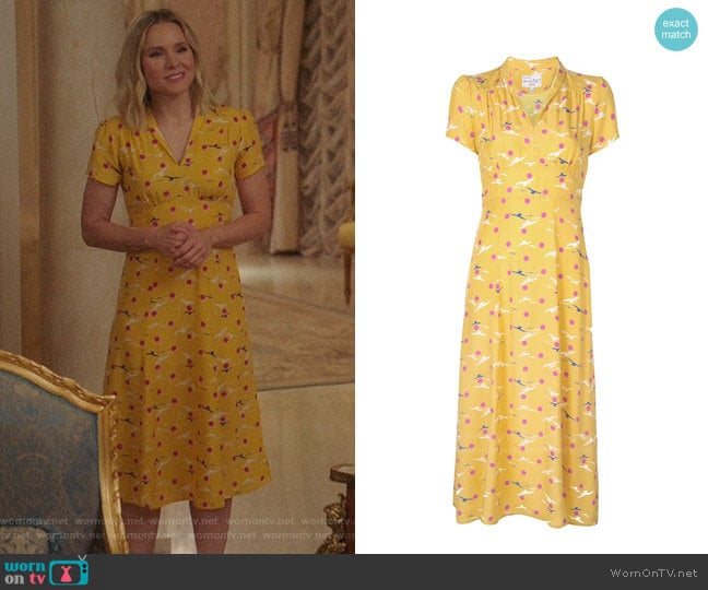 Eleanor’s yellow bird and dot print dress on The Good Place