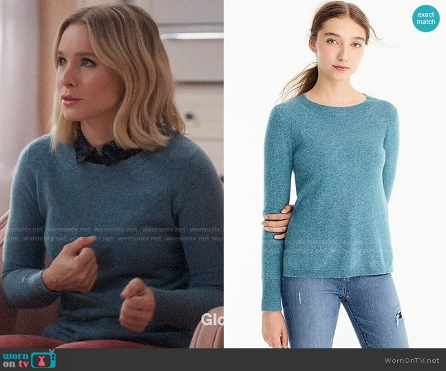 J. Crew Everyday Cashmere Crewneck Sweater in Hthr Bright Harbour worn by Eleanor Shellstrop (Kristen Bell) on The Good Place