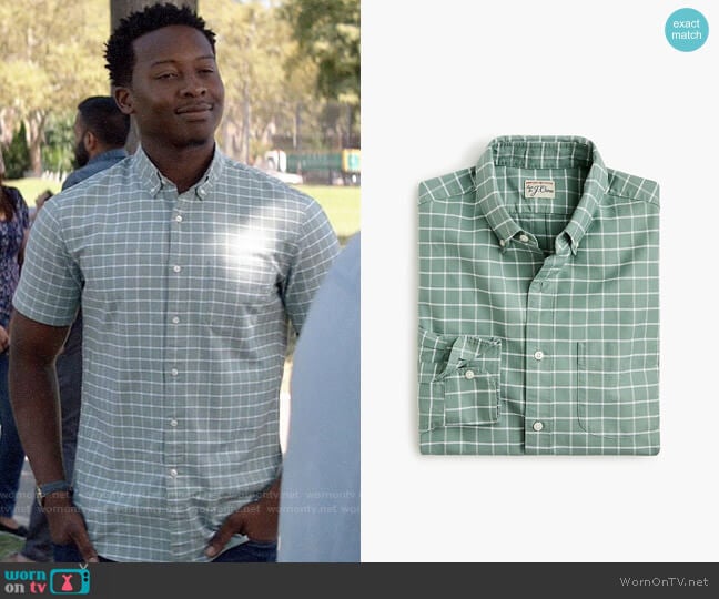 J. Crew American Pima cotton oxford shirt with mechanical stretch in windowpane worn by Miles Finer (Brandon Micheal Hall) on God Friended Me