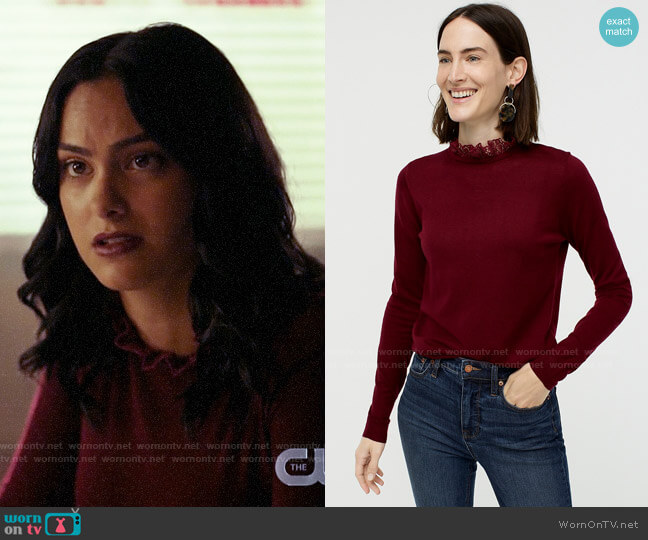 J. Crew Tippi sweater with lace collar detail worn by Veronica Lodge (Camila Mendes) on Riverdale
