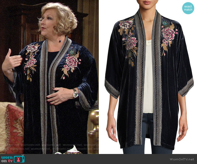 Johnny Was Quito Floral-Embroidered Velvet Kimono w/ Border Stitching worn by Traci Abbott (Beth Maitland) on The Young and the Restless