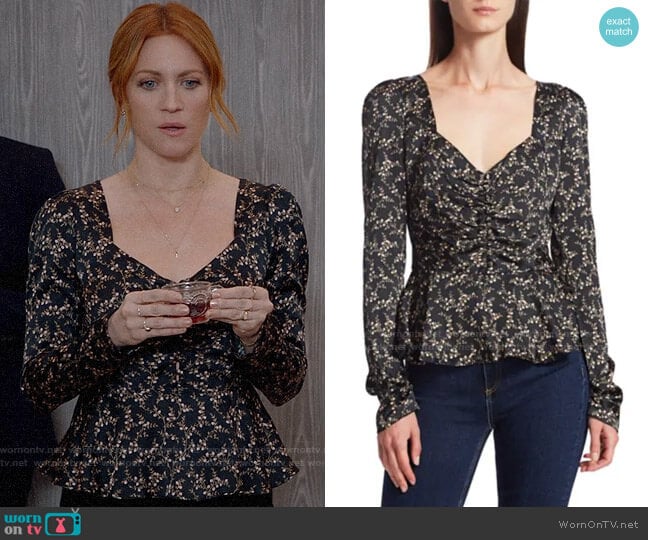 Jonathan Simkhai Floral Ruched Hammered Stretch-Silk Puff-Sleeve Twist-Front Top worn by Julia Bechley (Brittany Snow) on Almost Family