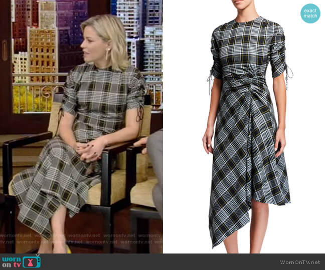 Ruched Plaid Handkerchief Dress by Jonathan Simkhai worn by Elizabeth Banks on Live with Kelly and Ryan